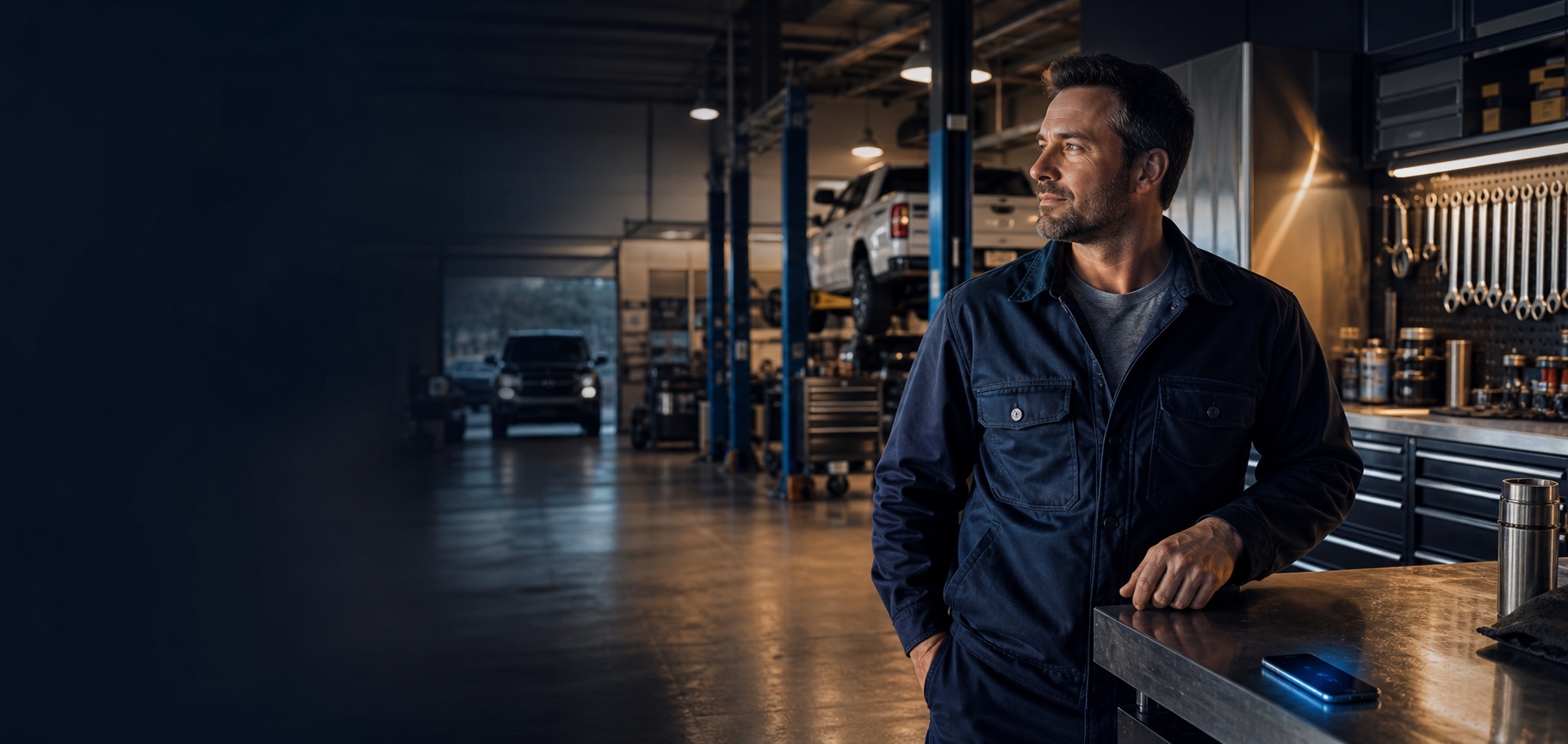 A service-business owner in a modern automotive workshop after hours